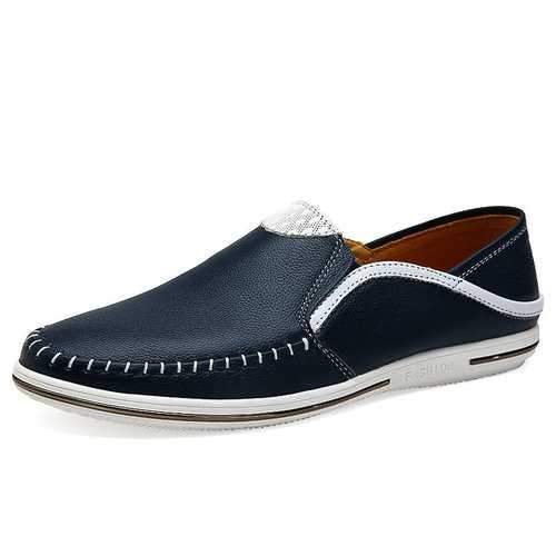 Men Stylish Genuine Leather Stitching Splicing Slip On Casual Loafers