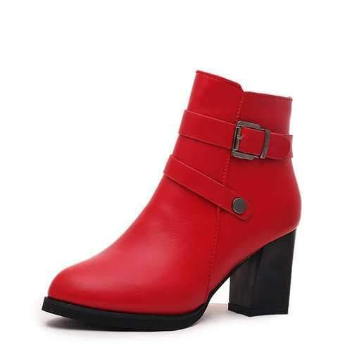 Buckle Pure Color Warm Fur Lining Mid Heel Boots