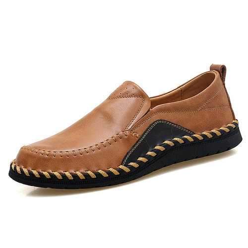 Men Genuine Leather Handmade Stitching Soft Soles Slip On Casual Shoes