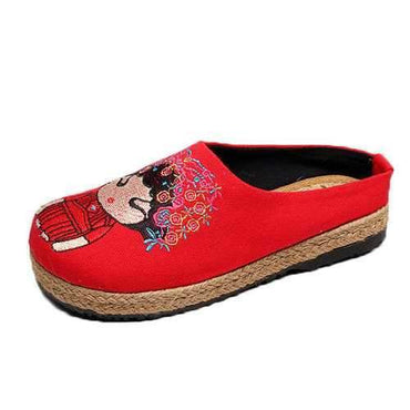 Old Peking Embroidered Canvas Flat Backless Loafers