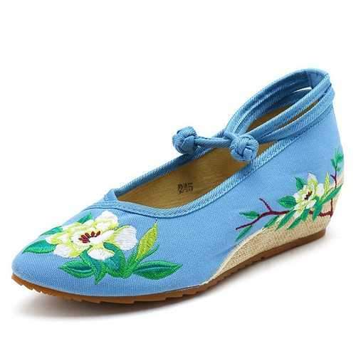 Lotus Embroidered Buckle Shoes