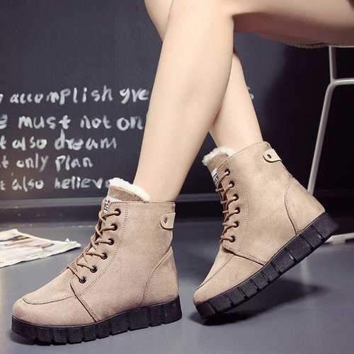 Pure Color Lace Up Ankle Casual Warm Boots