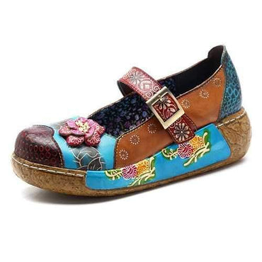 SOCOFY Handmade Flower Flat Leather Shoes