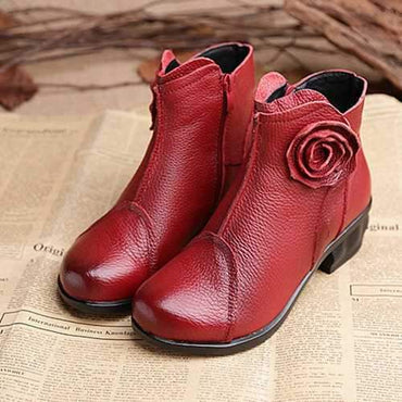 Flower Leather Pure Color Vintage Flat Ankle Boots