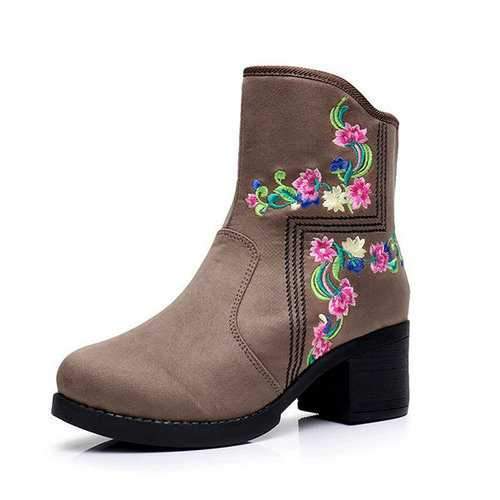 Block Embroidered Retro Ankle Boots