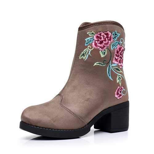 Embroidery Flower Block Boots