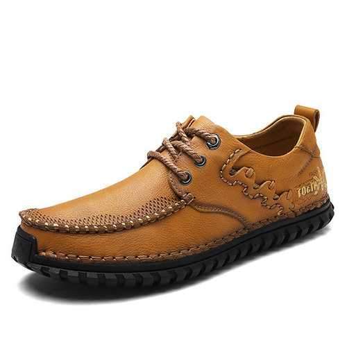 Men Genuine Leather Hand Stitching Moc Toe Shoes