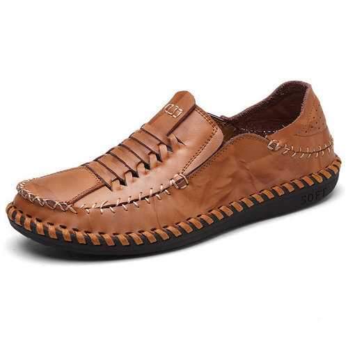 Men Breathable Hand Stitching Cow Leather Casual Shoes