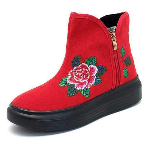 Flower Zipper Canvas Ankle Boots