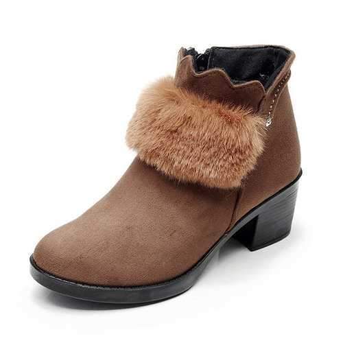 Furry Zipper Block Ankle Boots