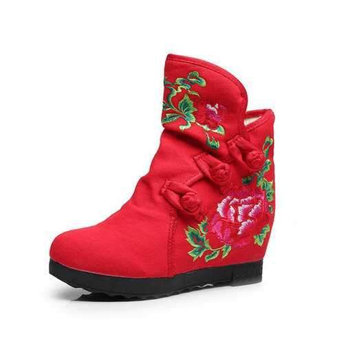 Red Flower Chinese Button Boots