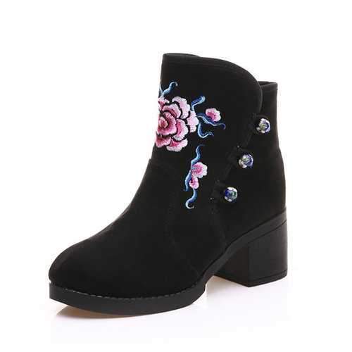 Floral Print Black Block Boots