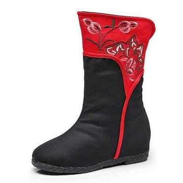 Embroidered Cotton Flower Flat Vintage Ankle Boot