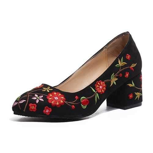 Embroidered Sexy Thin Block Heels Pumps