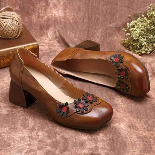 SOCOFY Retro Daisies Mid Heel Leather Pumps