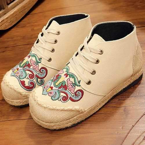 Embroidered Flax Flat Shoes