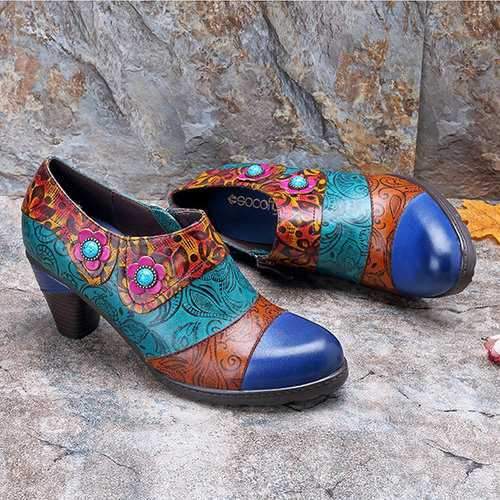 SOCOFY Retro Handmade Printing Leather Pumps