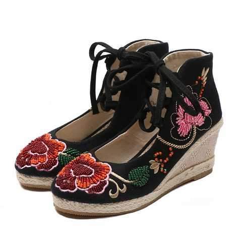 Embroidery Rhinestone Wedge Heel Shoes