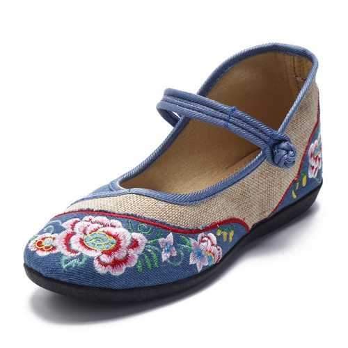 Flower Embroidered Vintage Flat Soft Buckle Shoes