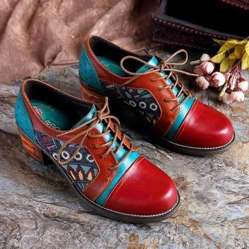 SOCOFY Bohemian Mid Heel Leather Shoes