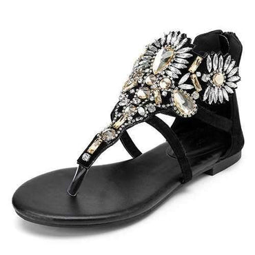 Rhinestone Black Zipper Flat Sandals