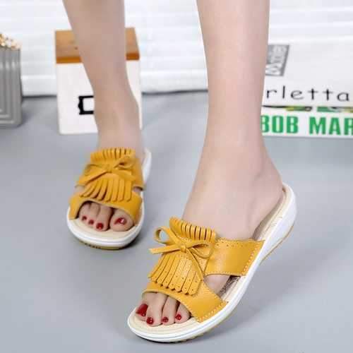 Leather Tassel Flat Slippers