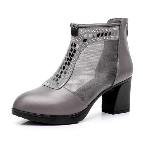 Breathable Mesh Square Heel Leather Sequined Boots