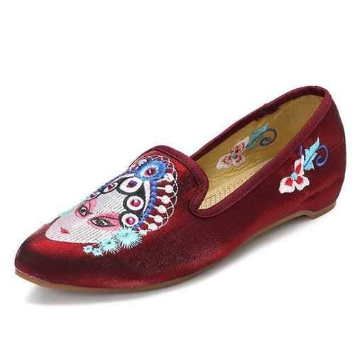 Face Embroidered Almond Toe Flat Shoes