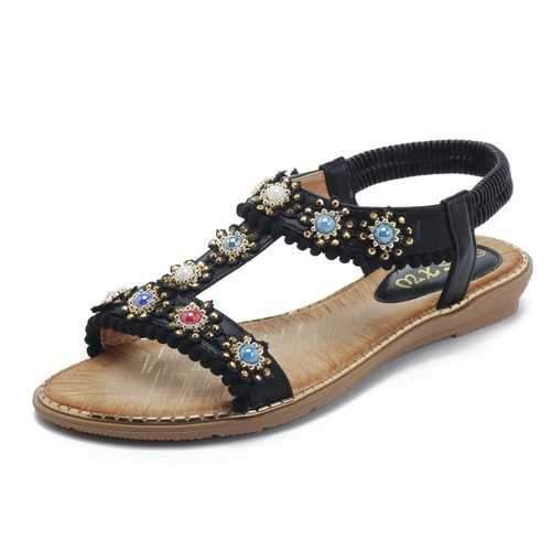 Elastic Flower Beaded T-Strap Sandals