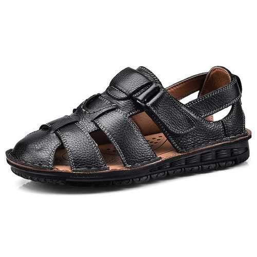 Men Cow Leather Hook Loop Non-slip Beach Sandals