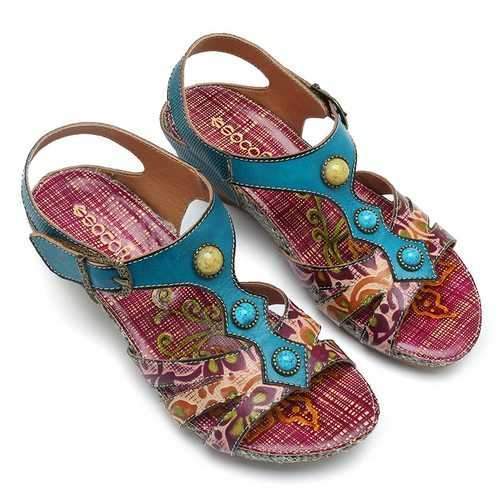 SOCOFY Bohemian Adjustable Flat Leather Sandals