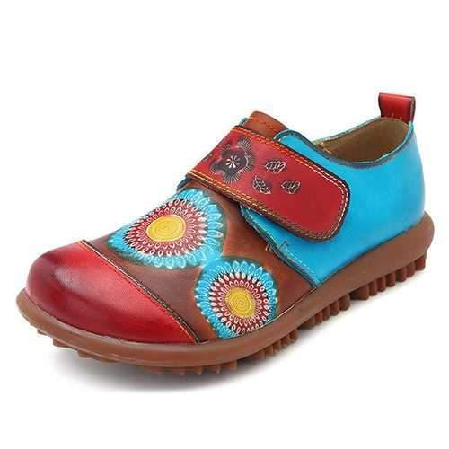 SOCOFY Handmade Printing Flat Casual Leather Shoes