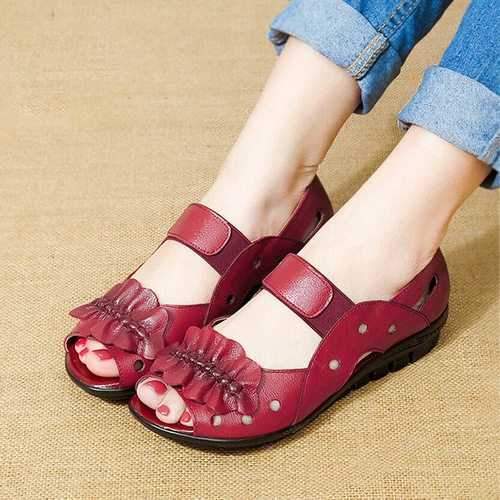 Peep Toe Leather Hollow Out Sandals