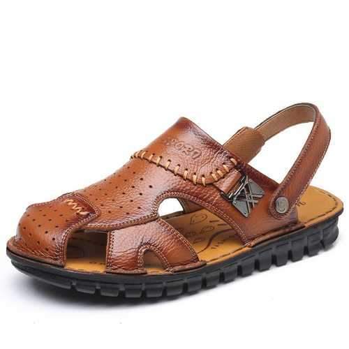 Men Breathable Cow Leather Hand Stitching Casual Sandals