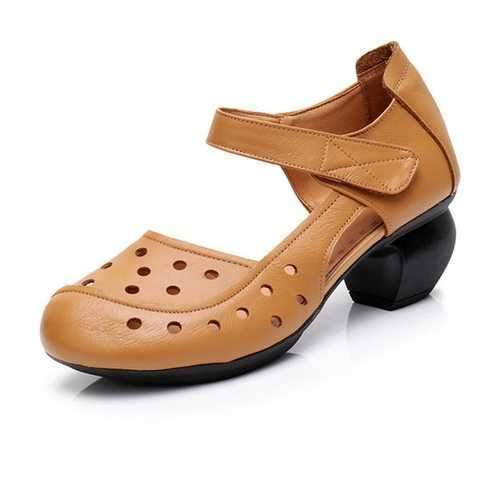 Leather Retro Mid Heel Soft Pumps