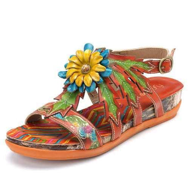 SOCOFY Wild Daisy Buckle Soft Flat Leather Sandals