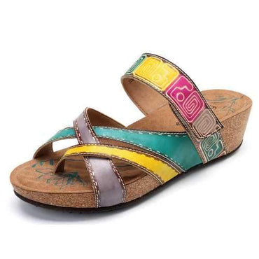 SOCOFY Bohemian Slip On Soft Flat Leather Sandals