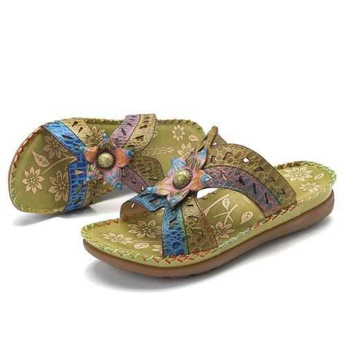 SOCOFY Bohemian Adjustable Hook Loop Leather Sandals