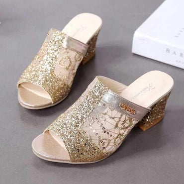 Metallic Rhinestone Mid Heel Sandals