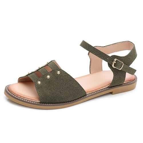 Button Buckle Hollow Flat Sandals