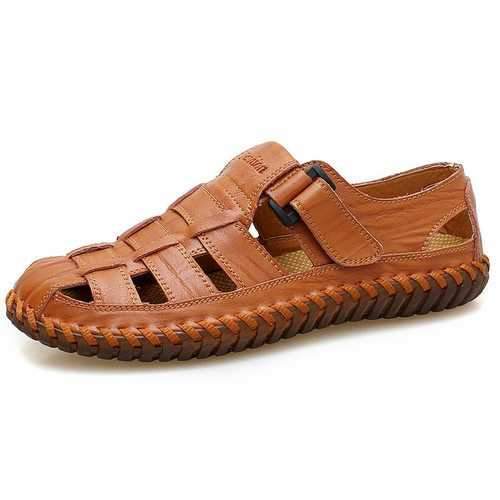 Men Soft Cow Leather Hand Stitching Hook Loop Sandals