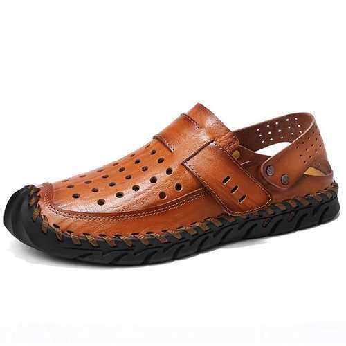 Men Non Adhesives Hand Stitching Leather Sandals