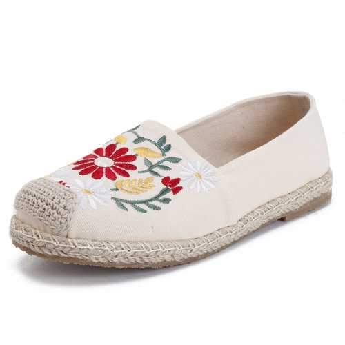 Linen Floral embroidery Canvas Flats