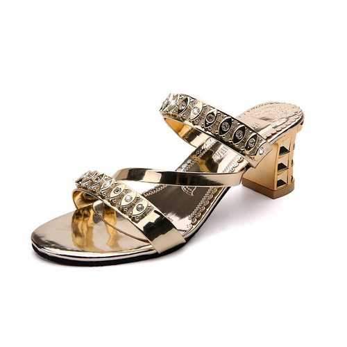 Rhinestone Chunky Heel Metallic Sandals