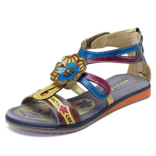 SOCOFY Bohemian Adjustable Flat Leather Sandals