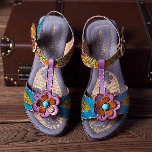 SOCOFY Bohemian Adjustable Flat Leather Sandals