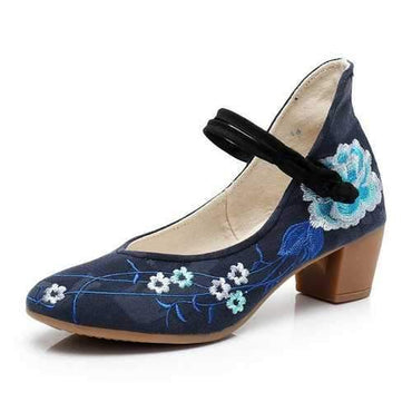 Floral Chinese Button Block Shoes