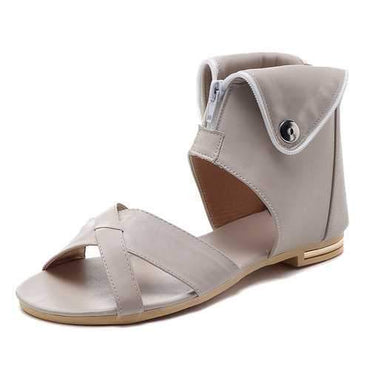 Leather Zipper Open Toe Flat Sandals