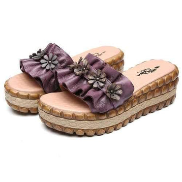 Flower Leather Fold Platfrom Slippers