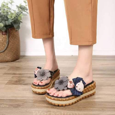 Flower Leather Vintage Platform Slippers